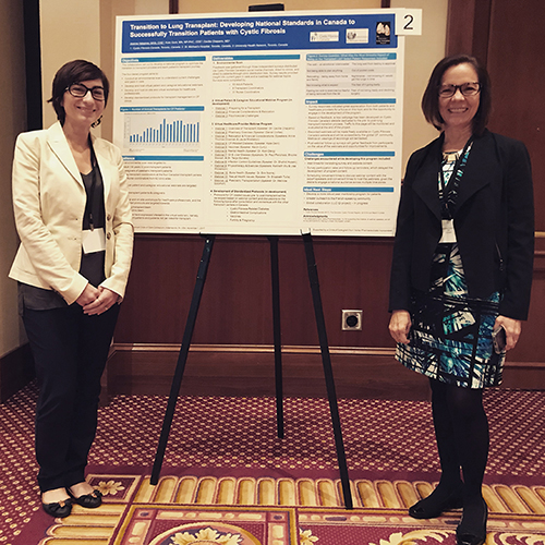 Joanna Valsamis, Chief Healthcare, Research & Advocacy Officer, CF Canada, and Dr. Cecilia Chaparro, transplant physician at University Health Network – Toronto General Hospital presenting at the Vertex Circle of Care Colloquium at the 2017 North American CF Conference. Kate Gent (not pictured), nurse co-ordinator at St. Michael`s Hospital, Toronto, is also a collaborator on the grant.